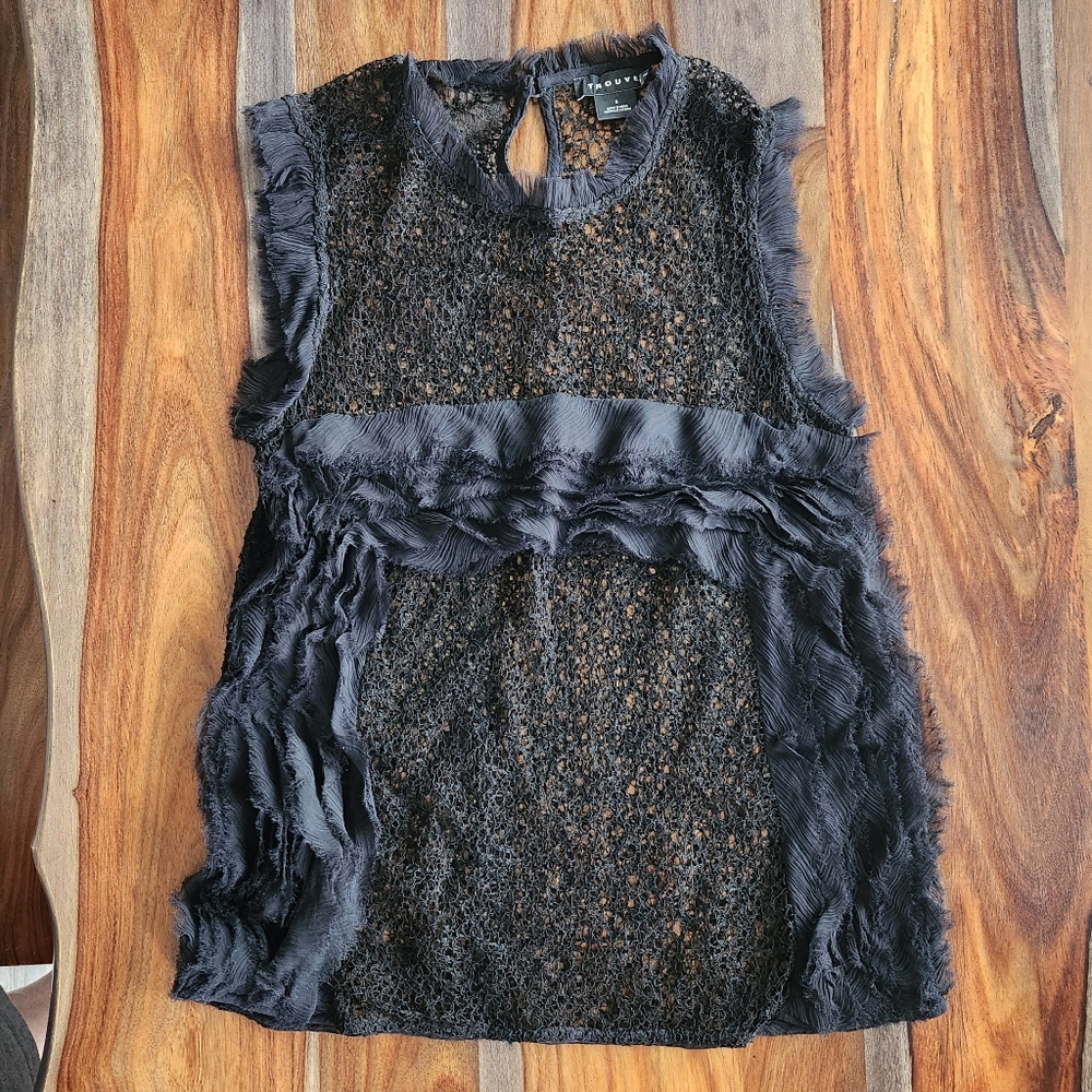 Sexy Sheer Black Top Trouvè Small Ruffled Gorgeous Flattering Keyhole  Button